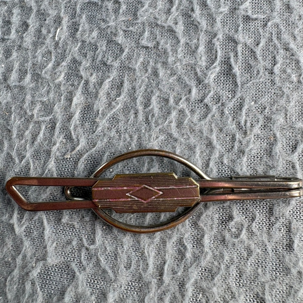Vintage Art Deco Brass Tone Geometric Diamond Motif Tie Clip Men Accessory